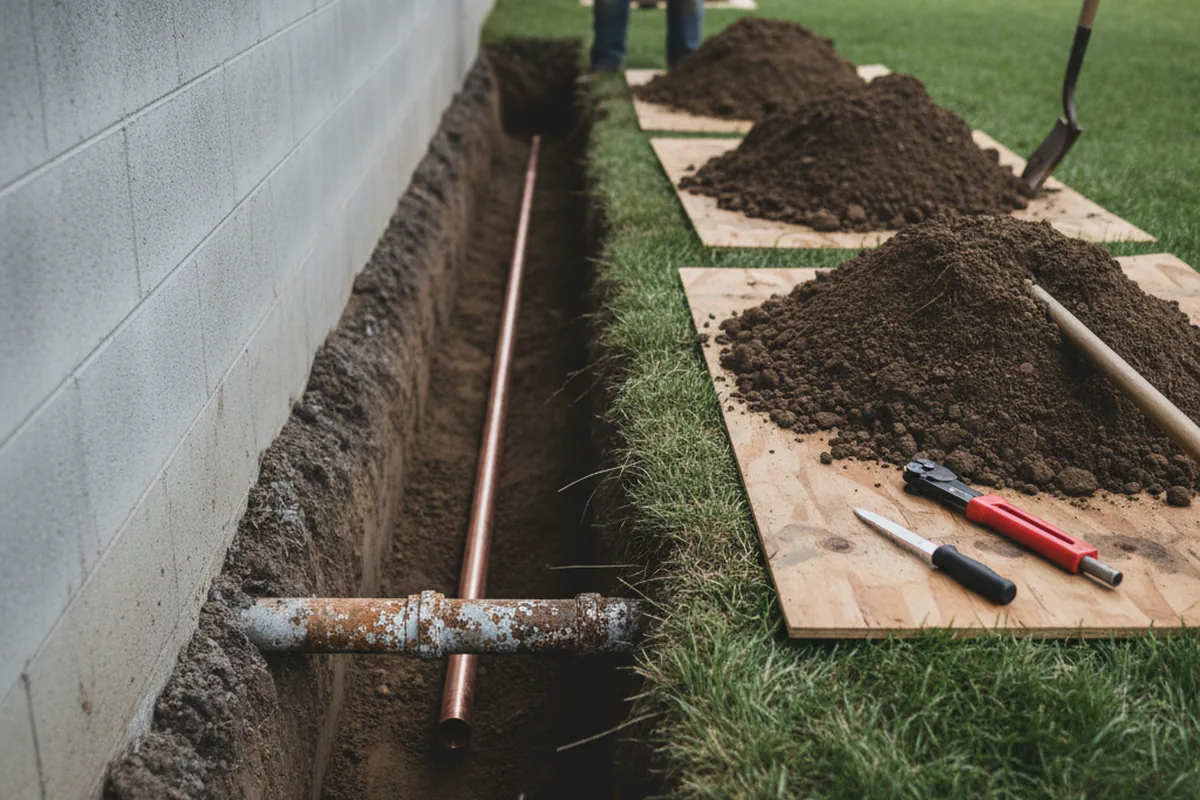 Excavated water line trench during Water Softener Installation in Novi